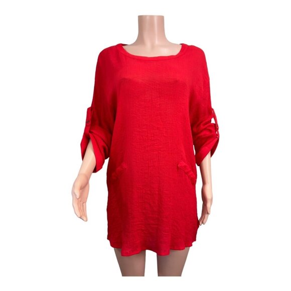 Umgee Women SZ M- Red Woven Knit Top Tunic Pullover Roll Tap Sleeve Faux Pockets - Picture 13 of 15